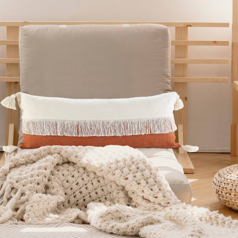 HomeRoots 14" X 36" Orange And Off-White 100% Cotton Zippered Pillow