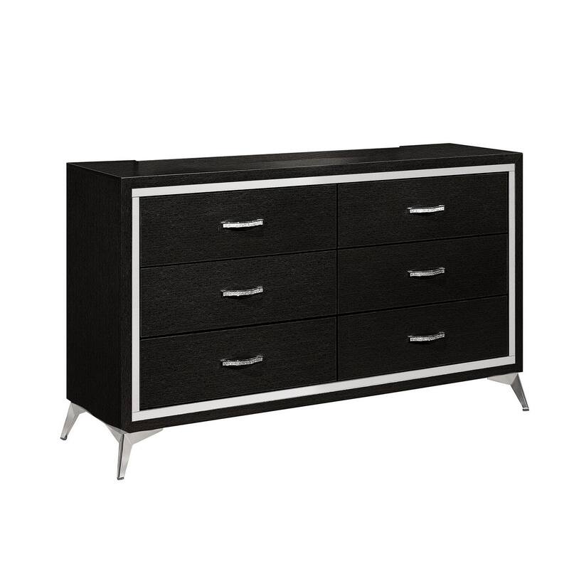 Sami 58 Inch Wide Dresser, 6 Drawers, Mirror Trim, Embossed Texture, Black - Black, Chrome - 6-drawer