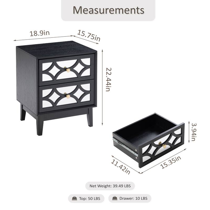 COZAYH Contemporary 2-Drawer Nightstand with Mirror Fronts, Elegant Geometric Design Bedside Table for Bedroom