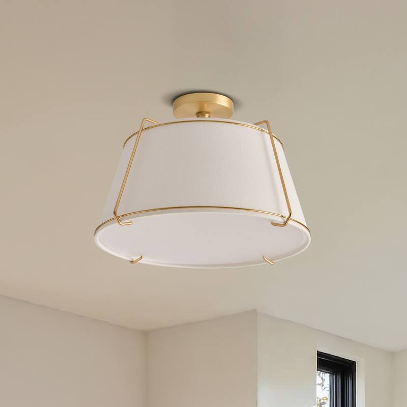 Crest Semi-Flush Mount - Metal, Fabric & Gold, Ivory White Ceiling Light for Bedroom or Hallway in Modern, Transitional Style