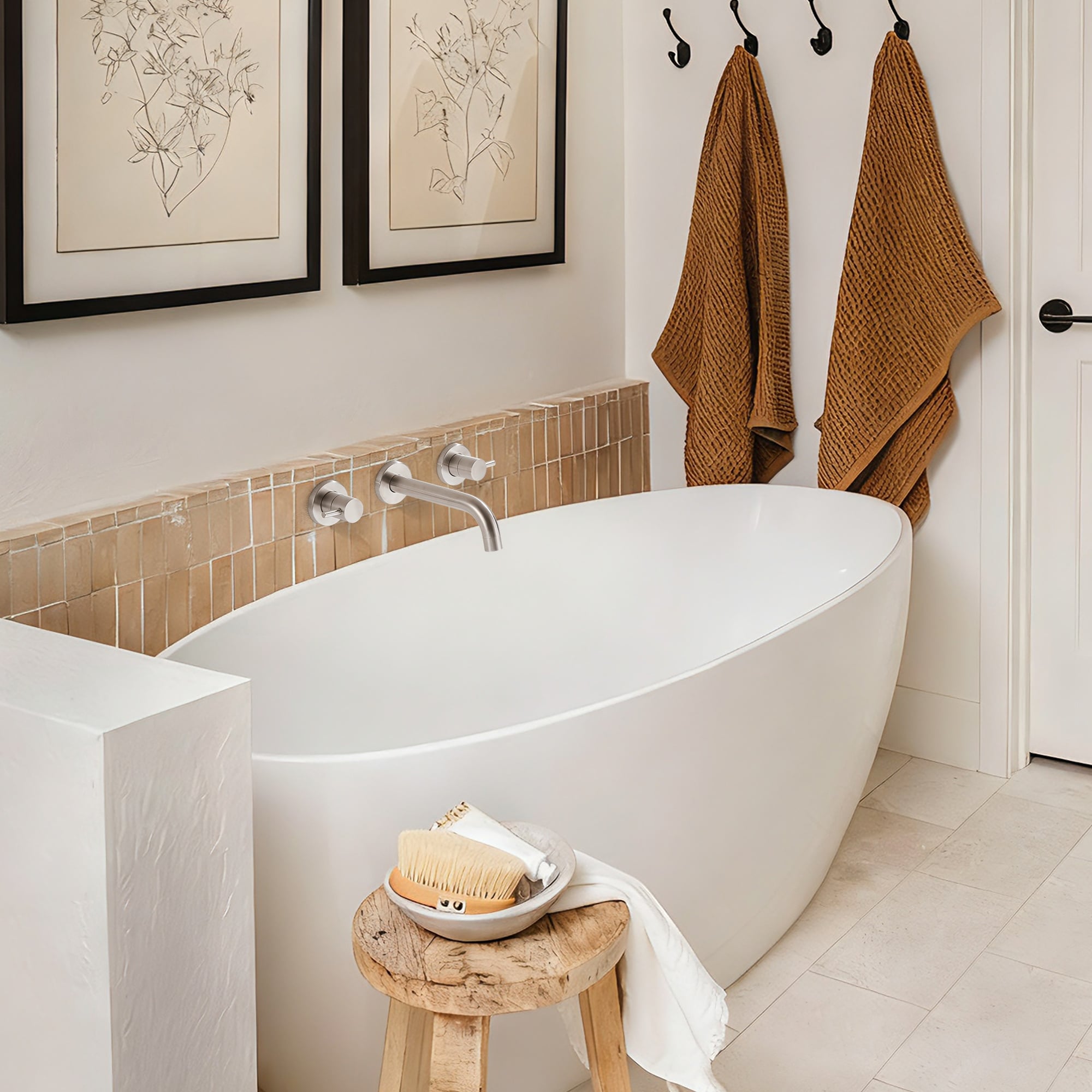 SITGES High Flow Wall Mount Bathtub Faucet – Brushed Nickel, Two Lever Handles, 10.5” Spout Reach, Solid Brass, Rough-In Valve Included, 11 GPM