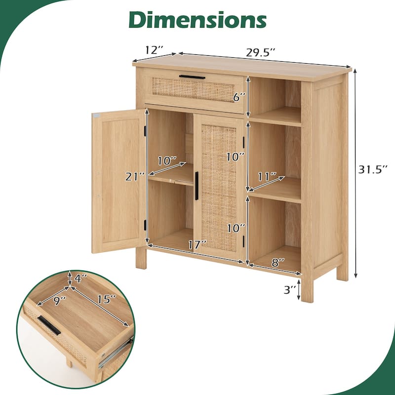 Natural Rattan Buffet Sideboard with Drawer and Cabinet Modern Storage Console Table for Living Room or Dining Room