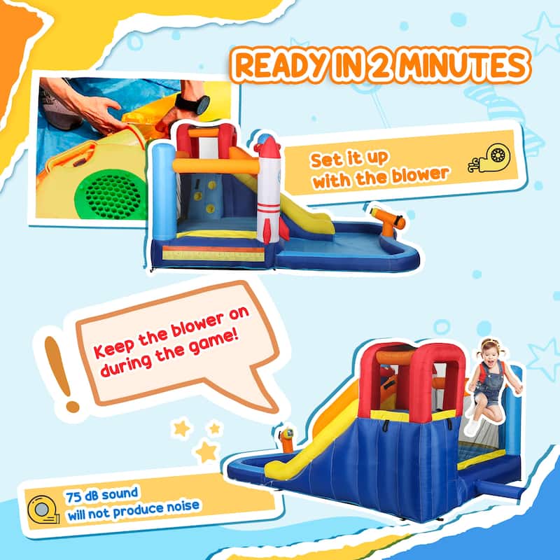 5-in-1 Inflatable Water Play Center with Slide, Splash Pool, Climbing Wall, Trampoline & Water Cannon