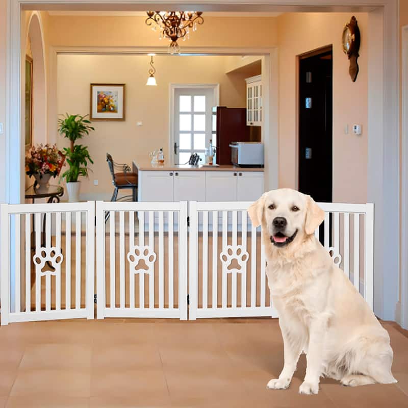 Trimate: 80"L x 23.6"H 4 Panel, Foldable Wooden Freestanding Pet Gate, White