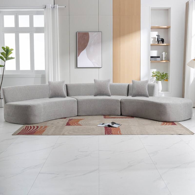 Curved Sofa Sectional Sofa with Three Throw Pillows - Grey