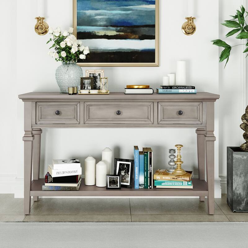 Retro Console Table with 3 Drawers and Bottom Shelf