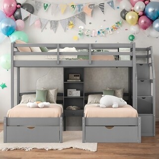 Twin Over Twin&Twin Triple Bunk Bed With Drawers,Shelves