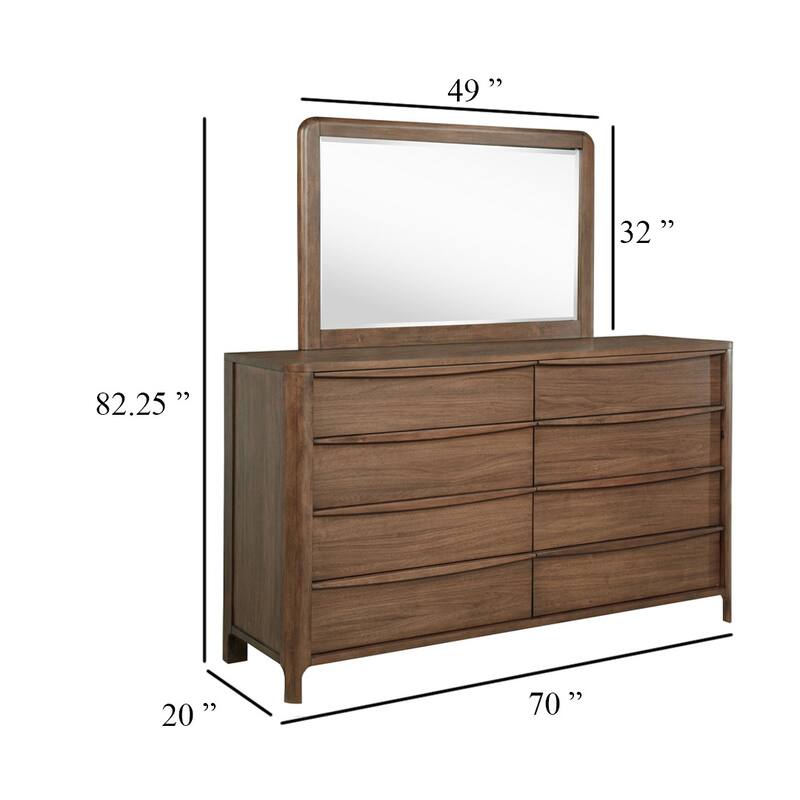 Rie Wide Dresser with Mirror, 8 Drawers, Walnut Brown, Rounded Corners