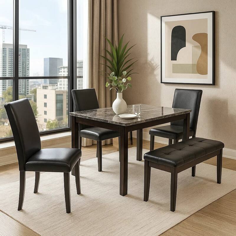 Wesley 5pc Dining Table Set, Black Faux-Leather, Faux Marble, Cherry Brown