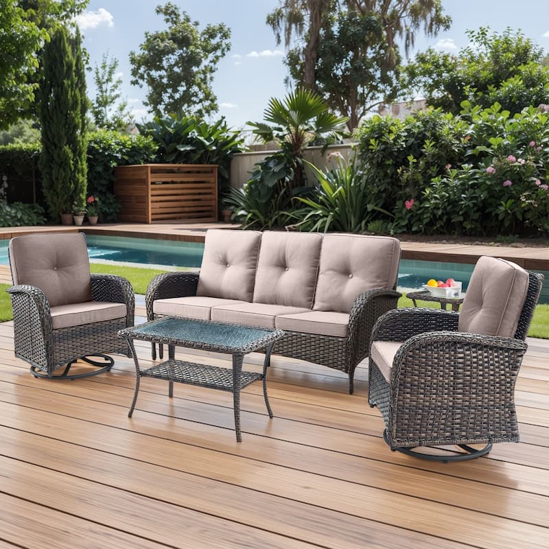 Gymojoy 5-Piece Outdoor Wicker Patio Furniture with 3 Seat Sofa & Swivel Chair, Coversation Set with Water Resistant Cushions