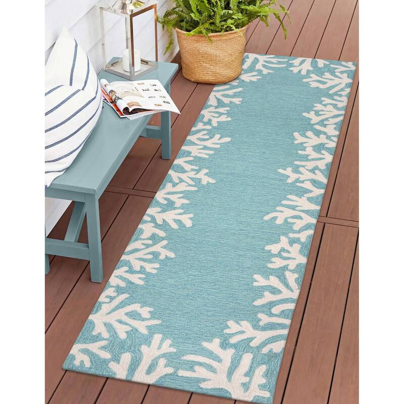 Liora Manne Capri Coral Border Indoor/Outdoor Rug - 2' x 8' - Aqua