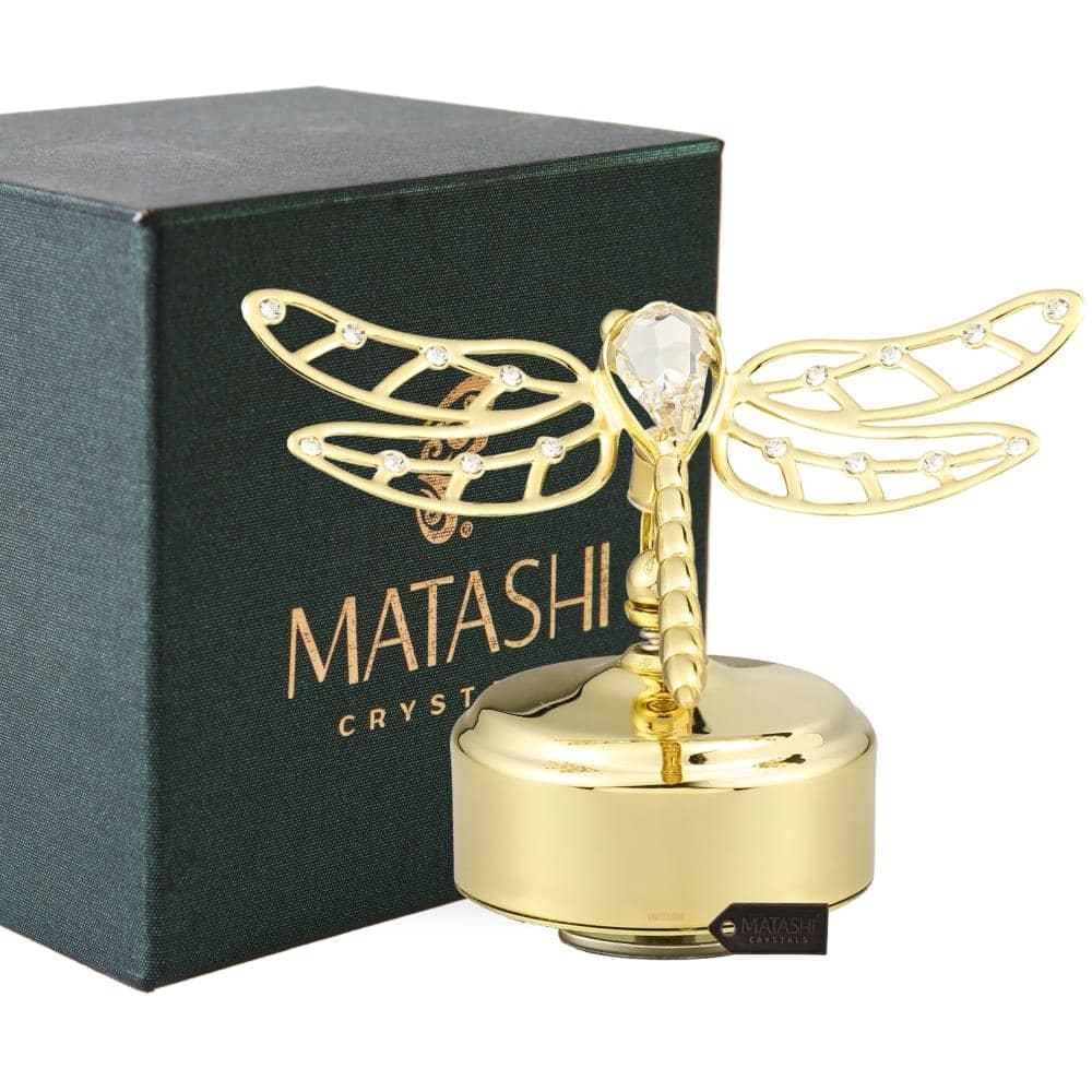 Matashi 24K Gold Plated Music Box Plays You Are My Sunshine w/ Crystals Studded Dragonfly Figurine Showpiece Christmas Gift