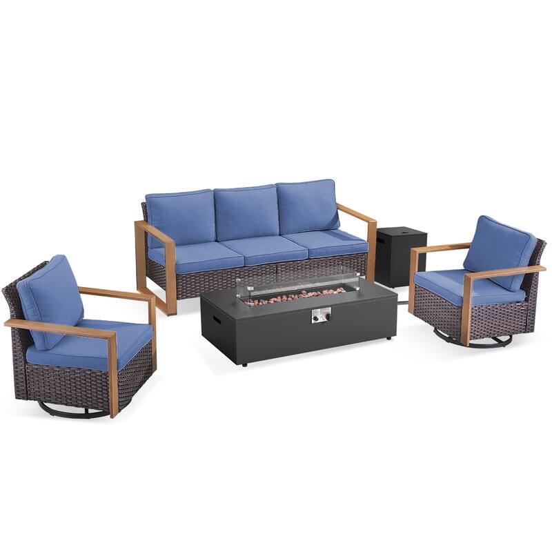 Pocassy Outdoor Sofa Swivel Chair Ottoman w/ 43" Fire Pit Set