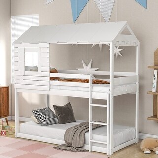 Twin Size Low Loft Wood House Bed with Two Side Windows - Bed Bath ...