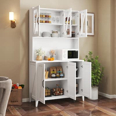 Large Kitchen Pantry Storage Cabinet with Glass Doors and Drawer, Wood Buffet Cupboard with Open Countertop