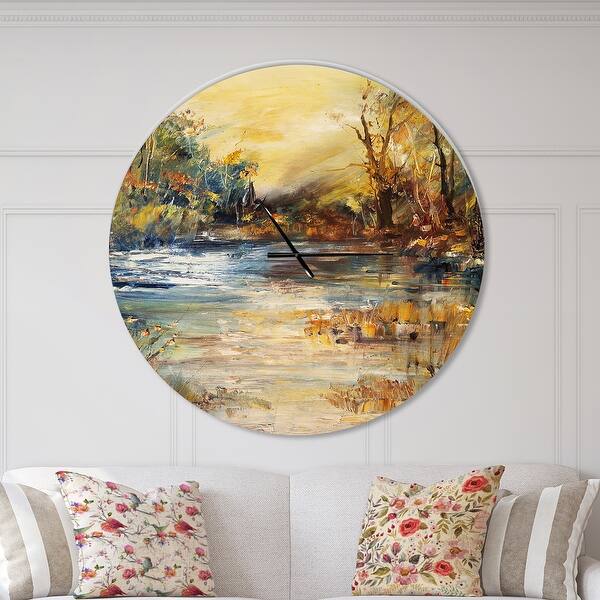slide 2 of 10, Designart 'Stream in Forest Oil Painting' Oversized Traditional Wall CLock