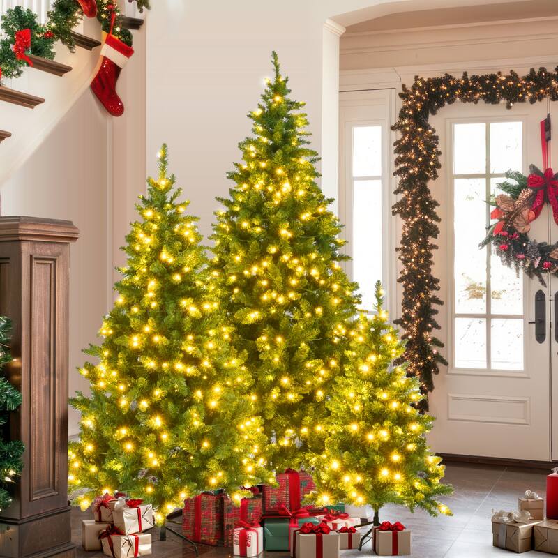 8FT, 6FT, 4FT Pre-Lit PVC Christmas Trees Set with Warm Yellow LED Lights and 2539 Branch Tips for Home Holiday Decoration - Green