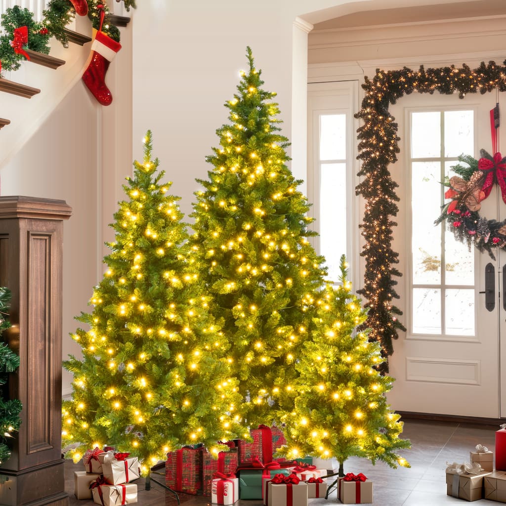 8FT, 6FT, 4FT Pre-Lit PVC Christmas Trees Set with Warm Yellow LED Lights and 2539 Branch Tips for Home Holiday Decoration