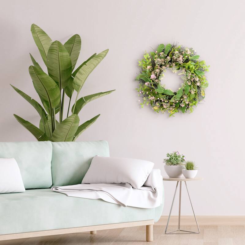 Echinops Artificial Floral Spring Wreath - 24" - Green and Pink