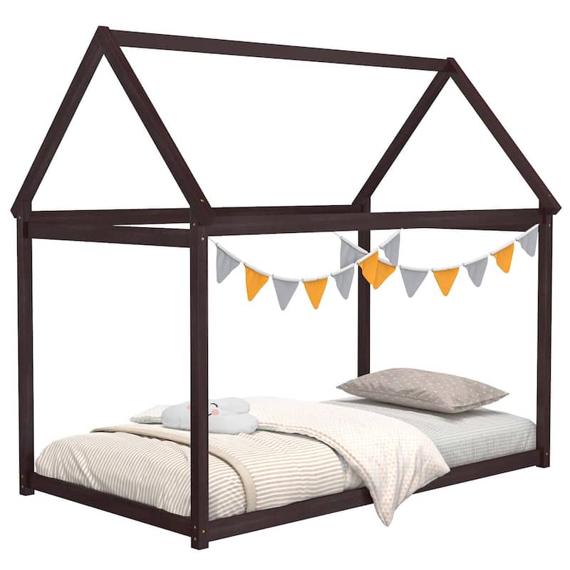 Costway Twin House Bed Wood Frame w/ Roof for Kids Toddler No Box - Brown