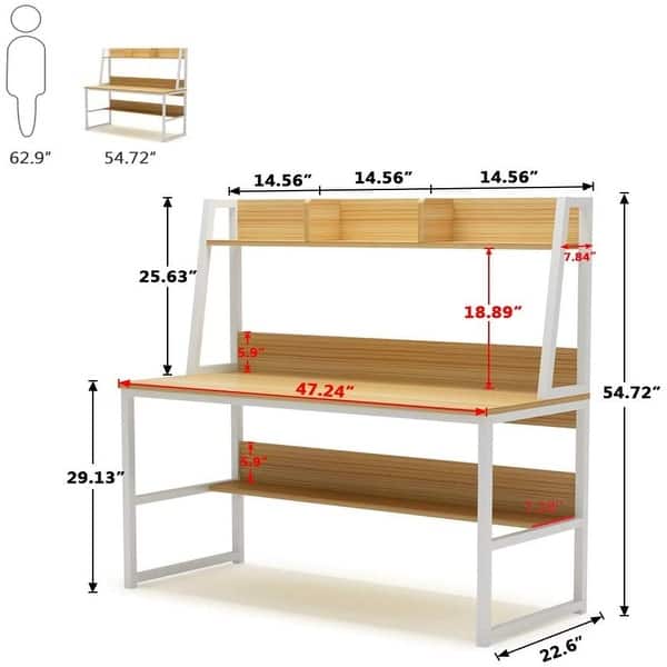 dimension image slide 1 of 6, 47 Inches Computer Desk with Hutch and Bookshelf, Home Office Desk