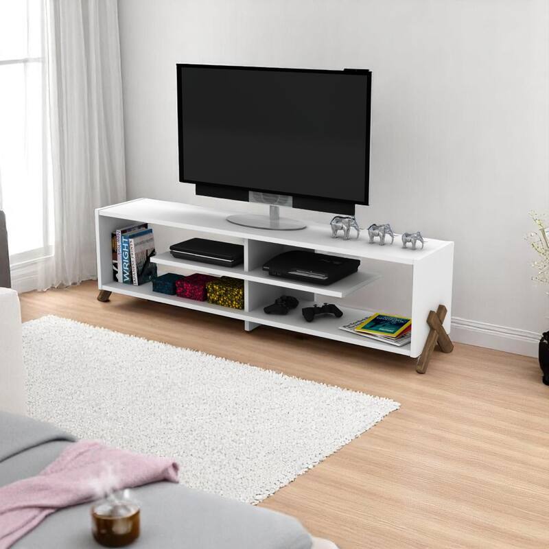 Kerr Modern Tv Stand 4 Shelves Open Storage Wood Legs Living Room Entertainment Centre - White