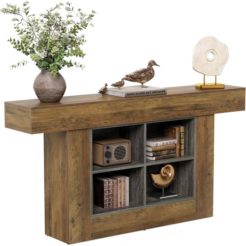 63" Console Table with 4 Storage Cubes, Farmhouse Entryway Table Sofa Table - Rustic Brown + Grey