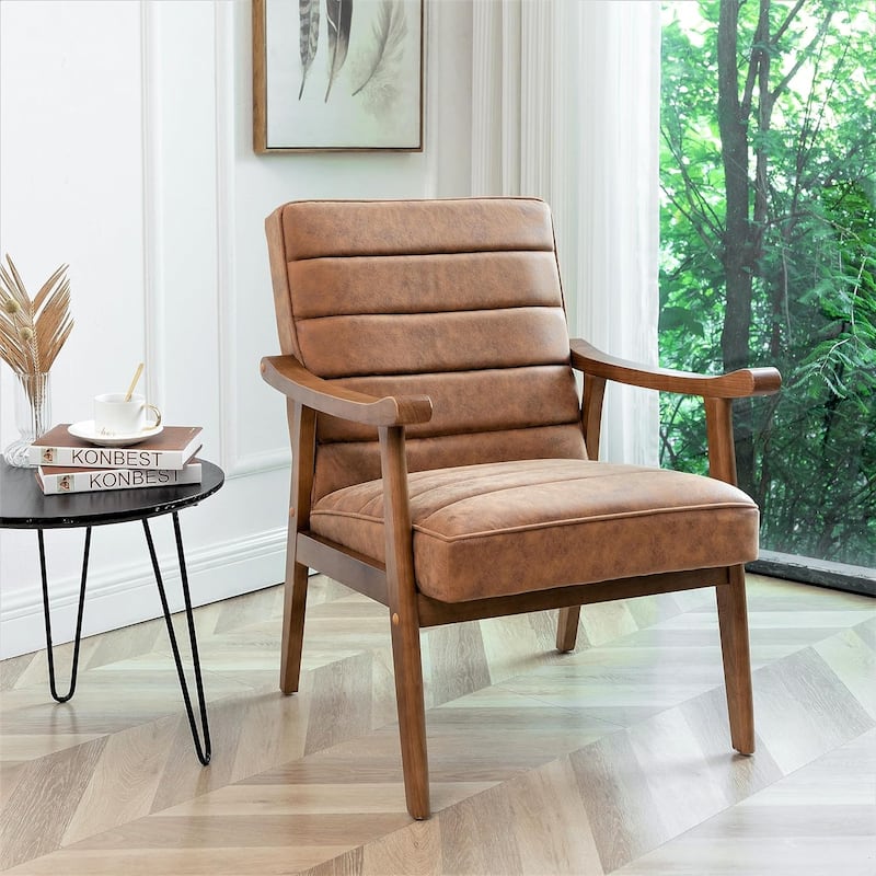 Mid Century Modern Accent Chair with Plush Foam, Leather-Look Microfiber Seat and Back Cushions