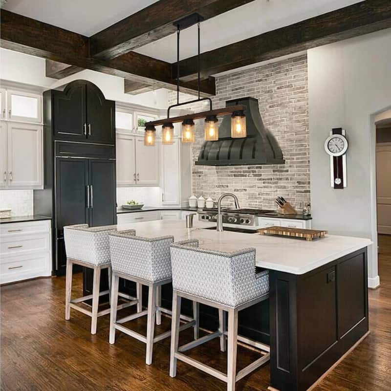 Modern Farmhouse 5-Light Wood Linear Chandelier Cylinder Glass Pendant Lights for Dining Room - 38.5"L x 12"H