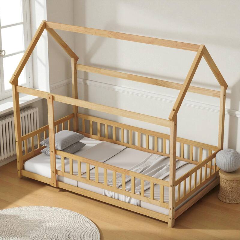 Twin Size Wooden House Floor Bed with Roof Frame and Safety Guardrails, Solid Rubber Wood Montessori Bed for Kids