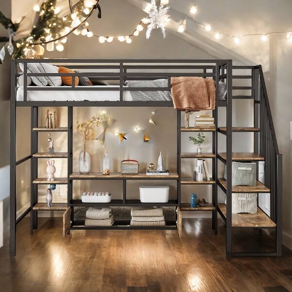 slide 2 of 14, Black Metal Storage Full Size Loft Bed with Storage Table and Shelves Black