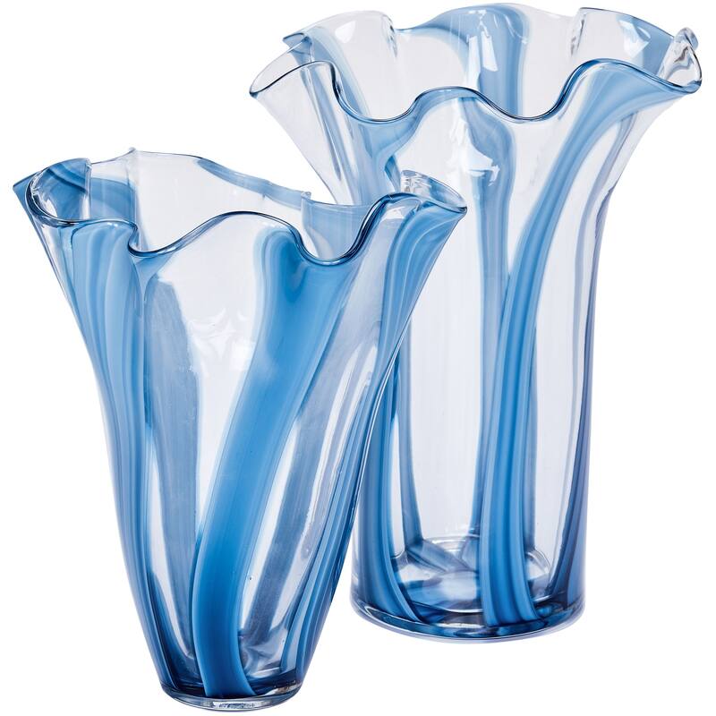 Blue Striped Handblown Glass Set of Two Scalloped Edge Vases - Blue
