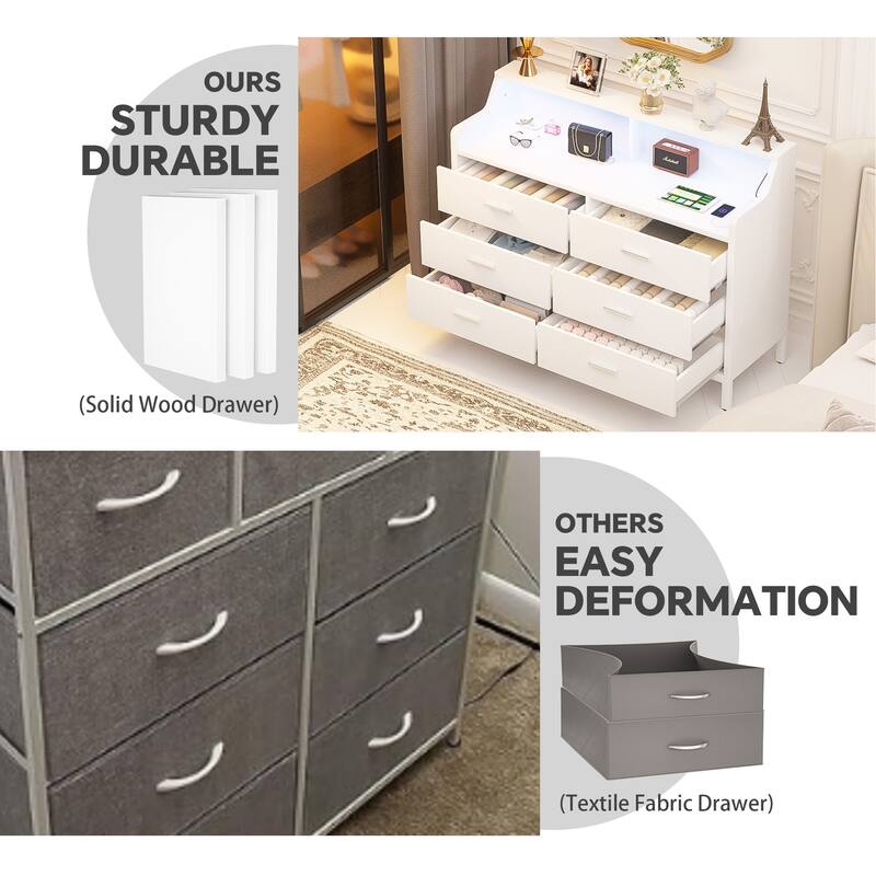 6 Drawers Dresser with Charge Station and LED Light, Closet Organizer for Bedroom