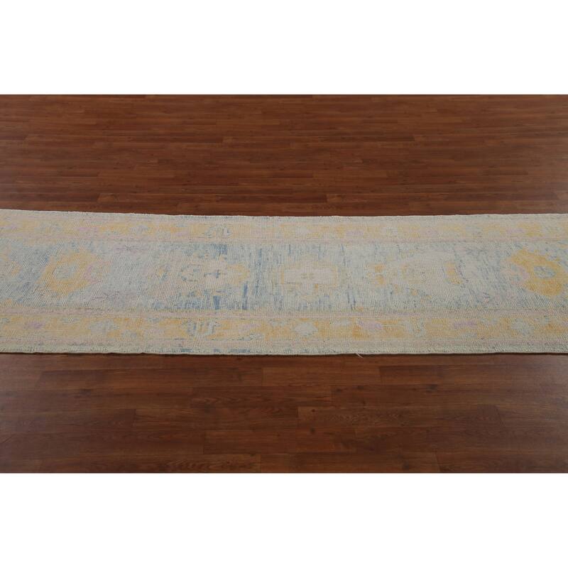 Blue Oushak Turkish Runner Rug Handmade Vegetable Dye Wool Carpet - 3'0"x 14'1"