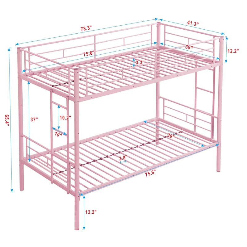 Pink Metal Bunk Bed with Trundle, Space-Saving, Sturdy Steel Frame, Easy Assembly, No Box Spring Needed