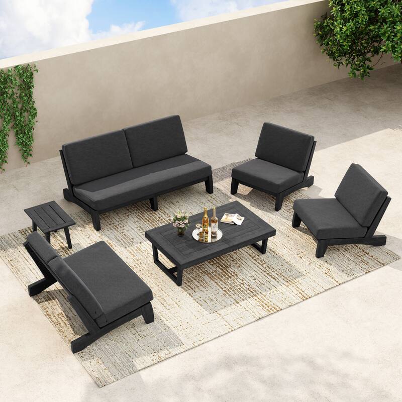 8-Piece Outdoor Sofa Set with Loveseat, 2 Club Chairs & Matching Tables - Dark Grey/Black Wood - Separate cushion