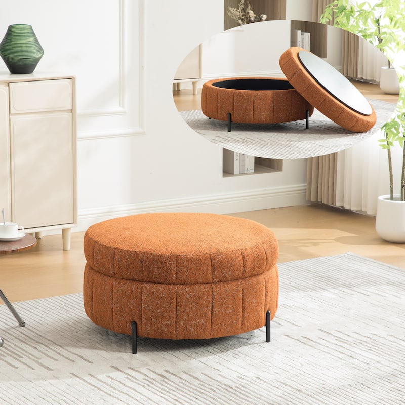 31.3"W Round Storage Ottoman, Footstool with Reversible Lid,Coffee Table,Metal Legs - Orange