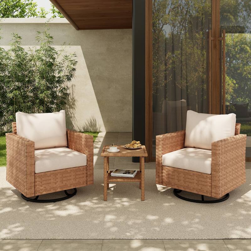 3-piece Cushioned Outdoor Wicker Swivel Chairs Set with Side Table Patio Armchair Sofa Set - Teak Brown&Beige