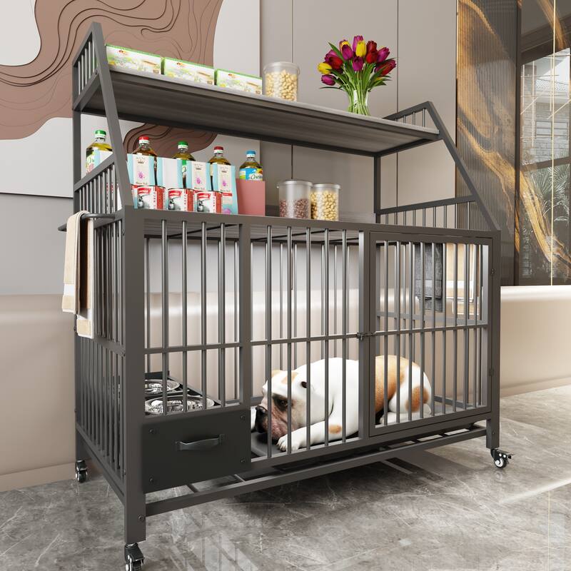 Large Pet Cage with Storage Rack, Drawers with Food and Water Basins, Double-Layer Storage Rack, Iron Frame and MDF Material