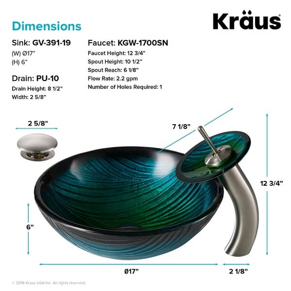 dimension image slide 2 of 3, Kraus Glass Vessel Sink, Bathroom Faucet, Pop Up Drain, Mounting Ring