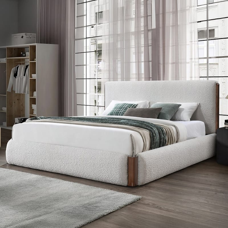 Boucle Upholstered Eastern King Bed in White and Walnut