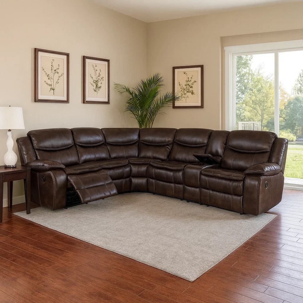 Leatherette Reclining Sectional with Double Stitching Details, Brown