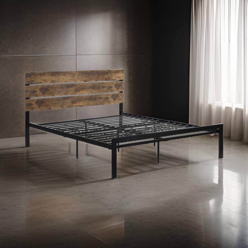 Mars Queen Platform Bed, Brown Faux Wood Slat Headboard, Black Metal Frame