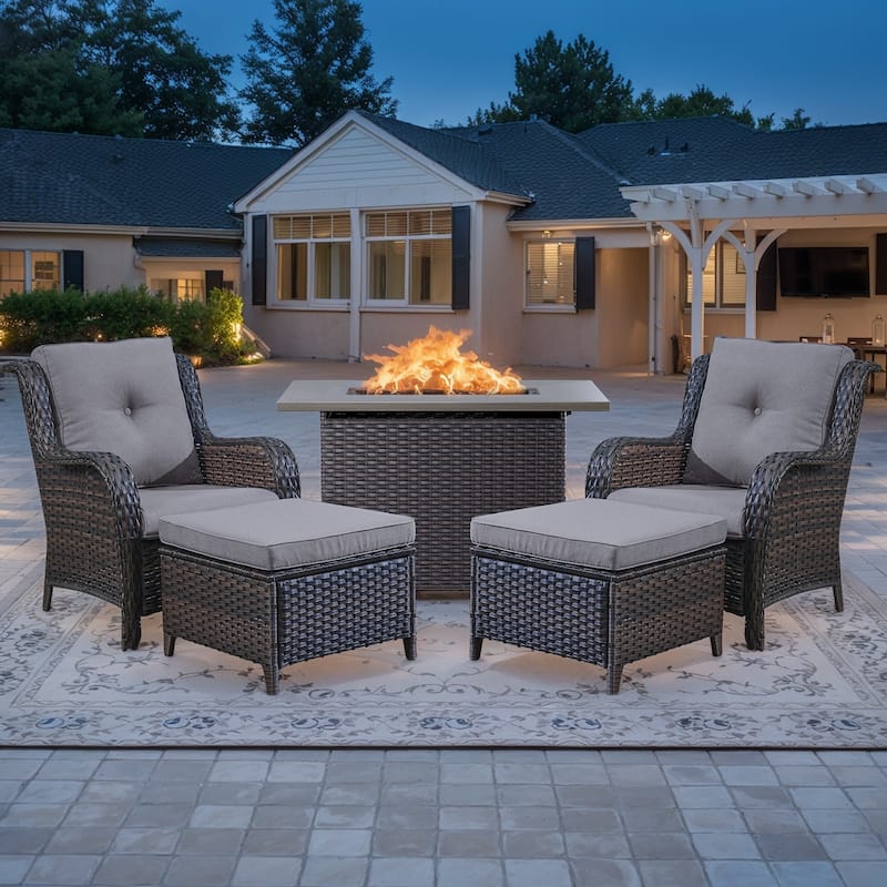 Fire Pit Table with Patio Chair & Ottomans - Grey - Brown