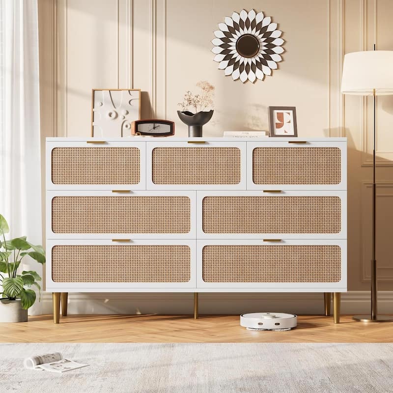 Rattan 7 Drawer Dressers TV Stand for Bedroom Living Room - White