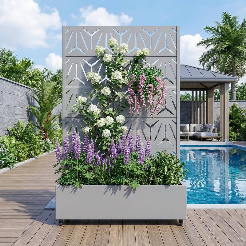 Metal Galvanized Planter Box with Trellis Privacy Screen Lockable Wheels