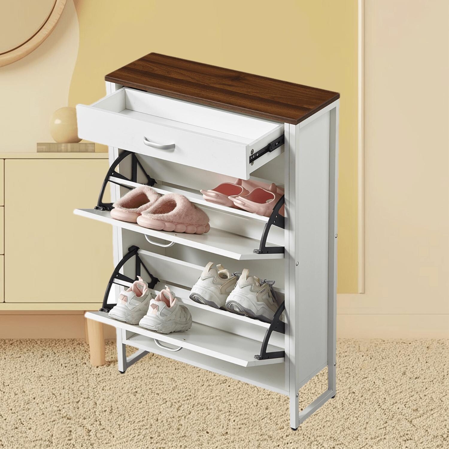Freestanding Narrow Wall-Mounted Shoe Rack with 2 Flip Drawers and