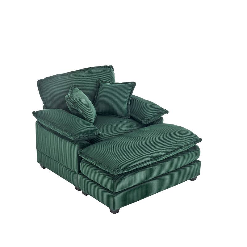 56.3 Inch Corduroy Single Deep Seat Sofa Chair With 2 Toss Pillows and a Ottoman