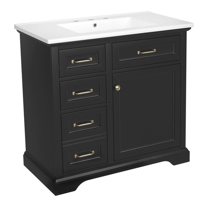 36-Inch Bathroom Vanity with Ceramic Sink Top, 4 Drawers and 1 Soft-Close Door, Freestanding Storage Cabinet with Metal Handles