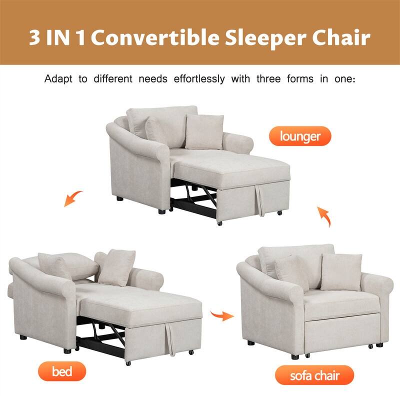 3-in-1 Convertible Sleeper Chair with Adjustable Backrest, Chenille Chair Bed Single Lounger Chair for Living Room
